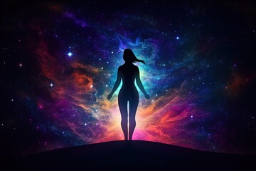 universe meta human goddess spirit silhouette on galaxy space background. Generative AI