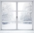 © lililia - A residential window framed by a serene landscape of snow-covered surroundings and towering trees. The windowpane captures the tranquility of a winter scene, where the pristine white snow blankets