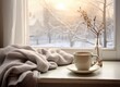 © lililia - In a picturesque winter still life, a cup of steaming hot coffee is nestled beside a soft, inviting plaid on the vintage windowsill of a quaint cottage.
