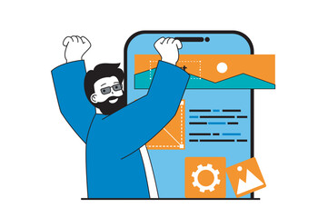 App development concept with people scene in flat web design. Man building mobile layout with buttons placement, engineering interface. Vector illustration for social media banner, marketing material.
