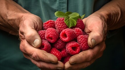 Wall Mural - Raspberries in hands, a farmer holding berries.