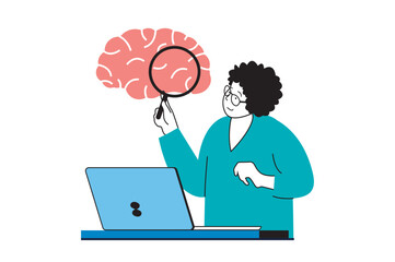 Poster - brainstorming concept with people scene in flat web design. woman searching information for solving 