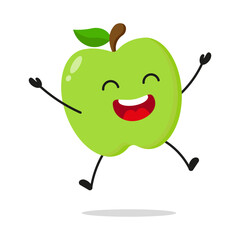 Wall Mural - Cute happy green apple character. Funny victory jump celebration fruit cartoon emoticon in flat style. apple emoji vector illustration