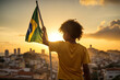 Kid Holding Brazil Independence Day Wrapped in Country Flag, Cinematic Sunset City Background