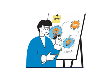 Poster - brainstorming concept with people scene in flat web design. man creating mind map for generation new