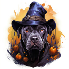 Lush Detailed Vector Illustration Of Halloween Celebration Of Cute Cane Corso Dressed As A Witch In T-shirt Design. Halloween T-shirt Designs That Capture The Essence Of The Festive Spirit.