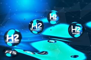 Renewable eco-energy. Chemical model. Concept of hydrogen H2. Hydrogen energy based on renewable energy sources. Hydrogen H2. 3d render.