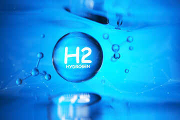 Chemical model. Concept of hydrogen H2. Renewable eco-energy. Hydrogen energy based on renewable energy sources. Hydrogen H2. 3d render.