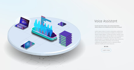 Poster - AI artificial intelligence robot support.Voice assistant concept. Vector sound wave. Voice and sound recognition equalizer wave flow background. Voice assistant modern concept.