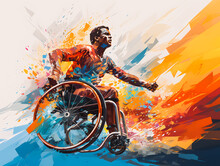 Silhouette Of A Disabled Man In A Wheelchair Practicing Sports. Colored Illustration Of A Person In A Wheelchair. Paralympic Games Paris 2024. Generative AI