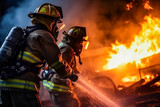 Fototapeta Na ścianę - Photo of a group of firefighters battling a blazing fire