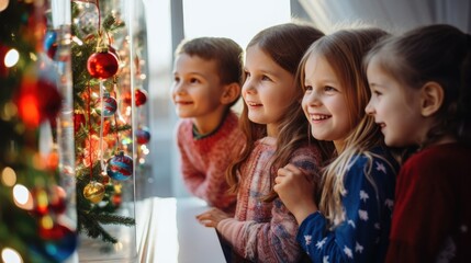 Wall Mural - A group of children standing next to a christmas tree. Generative AI.