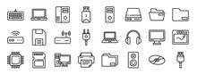 Set Of 24 Outline Web Computer And Tecnology Icons Such As Keyboard, Laptop, Cpu, Flash Disk, Cpu, Harddisk, Folder Vector Icons For Report, Presentation, Diagram, Web Design, Mobile App