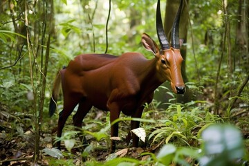 a saola pseudoryx nghetinhensis in a green and fair. generative ai
