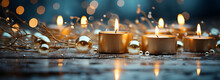 Bokeh Blurry Background Featuring Snow And Candlelights, Styled In Tones Of Light Teal And Gold