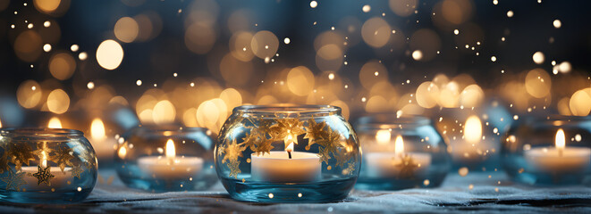 Bokeh blurry background featuring snow and candlelights, styled in tones of light teal and gold