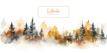 Abstract Watercolor Background With Simply Abstract Forest Trees. Vector Illustration With Autumn Fall Colors. Art Banner, Backdrop For Cards, Invitations, Web, Social Media, Advertising, Design	