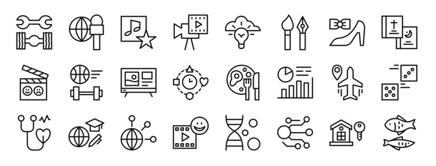 set of 24 outline web tv channel icons such as automotive, news, entertainment, movie, knowledge, art, fashion vector icons for report, presentation, diagram, web design, mobile app