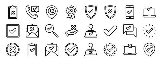 set of 24 outline web approve reject icons such as denied, call center, error, bad quality, safe, defense, payment check vector icons for report, presentation, diagram, web design, mobile app