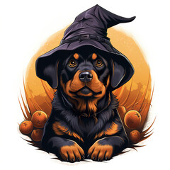 Wall Mural - Lush detailed vector illustration of Halloween celebration of cute rottweiler dressed as a witch in t-shirt design. Halloween t-shirt designs that capture the essence of the festive spirit.
