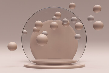 Poster - 3d beige background with flying bubbles and empty round podium. Abstract design with spheres. Digital art for promotion. Copy space