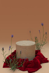 Poster - 3D realistic round podium covered with red silk cloth and lavender flowers isolated on beige background. Empty pedestal, stand. Satin fabric with drapery. Vertical