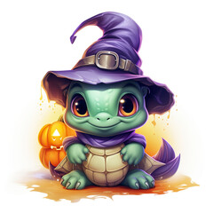 Wall Mural - Lush detailed vector illustration of Halloween celebration of turtle dressed as a witch in t-shirt design. Halloween t-shirt designs that capture the essence of the festive spirit.