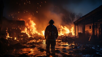 Wall Mural - 
A professional firefighter puts out the flames. A burning house and a man in uniform, view from the back. Concept: Fire engulfed the room, danger of arson