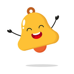 Wall Mural - Cute happy bell character. Funny victory jump celebration chime cartoon emoticon in flat style. bell vector illustration