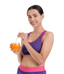 Poster - Sporty young woman with healthy smoothie on white background