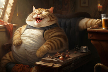 Fat laughing cat. AI illustration..