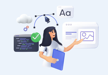 Fototapete - 3d web designer. web ui-ux design, web development concept. web design, application design, coding, 