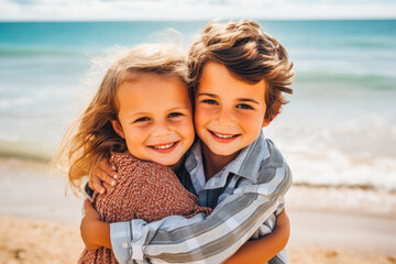 siblings hugging at the beach on a sunny day on vacation. cute smiling siblings hugging on beach