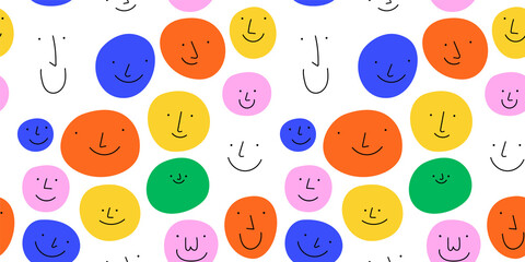 Wall Mural - Diverse colorful people faces seamless pattern illustration. Multi color happy cartoon characters in funny children doodle style. Friendly community or kid group smiling background print.