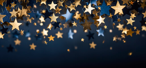 new year, christmas background with gold stars and sparkling. abstract background with dark blue and