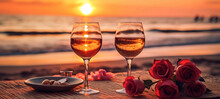 Romance With Wine And Roses On The Beach At Sunset. 