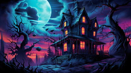 Canvas Print - a haunted house, cartoon illustration