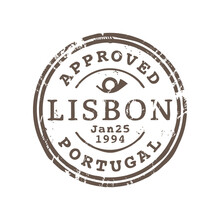 Approved Lisbon Portugal Postage Delivery Stamp, Postmark Of European Country, Postcard Label Print. Rubber Postal Seal, International Post Mark