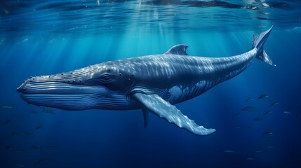 Wall Mural - Close up of a Blue Whale swimming in the clear Ocean. Natural Background with beautiful Lighting