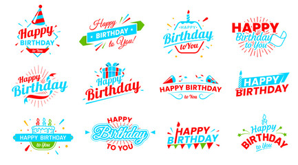 Happy birthday icons. Anniversary event festive calligraphy background, birth day party congratulation handwritten sign or happy birthday greeting text vector banner with cake candles, fireworks