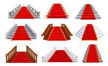 Castle And Palace Staircases. Stone And Wooden Stairs With Red Carpet. Fantasy Ballroom, Theater Or Royal Palace Isolated Stairway, Museum Hallway Marble And Wooden Staircases With Carpet And Baluster