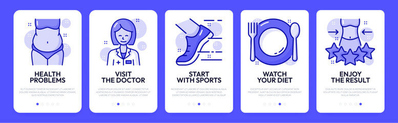 Mobile app onboarding screen, nutrition and healthy food, fitness, workout and diet, vector application templates. Weight control and healthy eating plan in onboarding screen for mobile app user UI