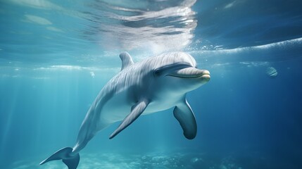 close up of a dolphin swimming in the clear ocean. natural background with beautiful lighting