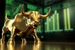 Golden bull, green background, investment and stock exchange concept. Generative AI