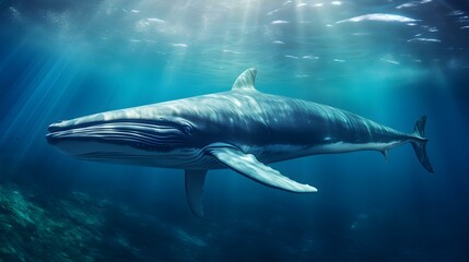 close up of a fin whale swimming in the deep ocean. natural background with beautiful lighting
