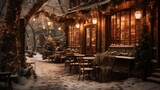 Fototapeta  - A warmly lit café nestled in the heart of Winter Wonderland
