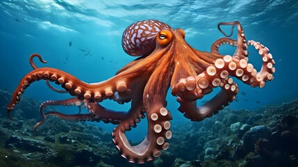 Wall Mural - Close up of a Octopus swimming in the clear Ocean. Natural Background with beautiful Lighting