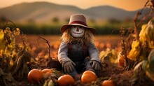 Whimsical Scarecrow Stands Guard In A Pumpkin Patch.cool Wallpaper	