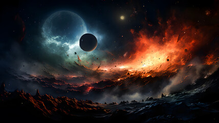 Wall Mural - space scene with stars, planets and asteroids in the galaxy. panorama. abstract universe filled with