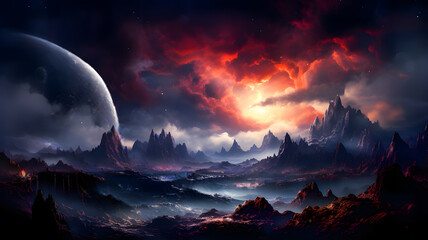Wall Mural - Space scene with stars, planets and asteroids in the galaxy. Panorama. Abstract Universe filled with stars, planets, asteroids, nebula and galaxy. Generative AI technology.
